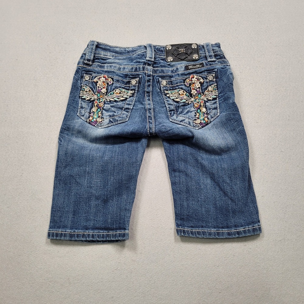 Miss Me Girls Blue Denim Bermuda Shorts Cross Wing Embroidery YK5998M Size 10